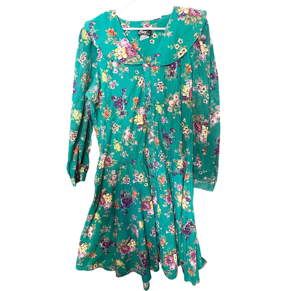 Chez California Tandy Vintage Floral Dress Teal Green Button Front 16W USA